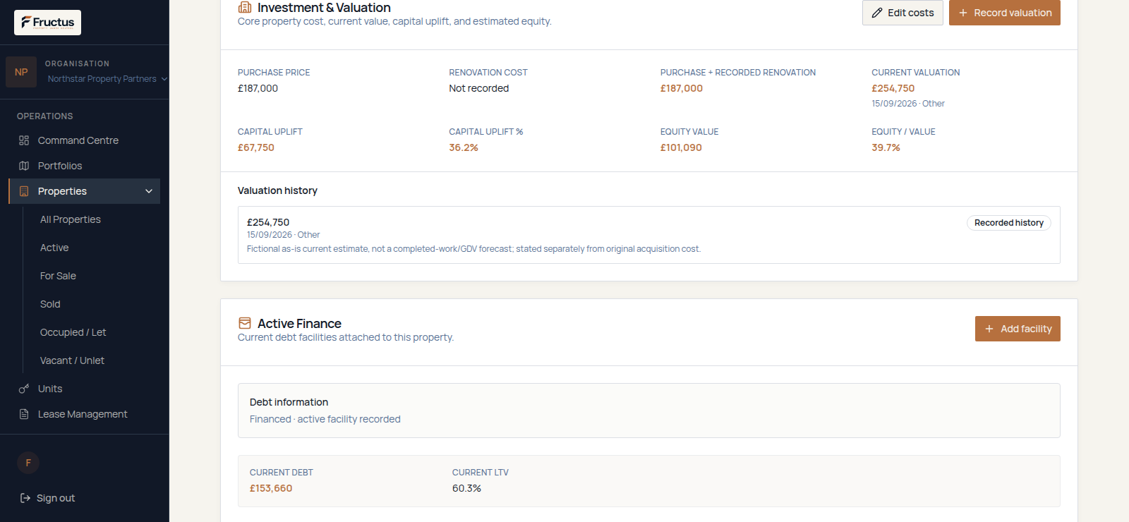 Fructus property finance view for a fictional three-bedroom semi-detached house in Sheffield showing recorded purchase price, current valuation, valuation history, capital uplift against recorded cost, current debt, estimated equity and LTV