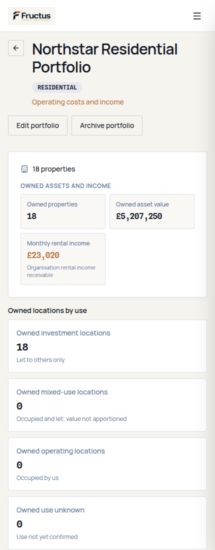 Fructus Northstar Residential Portfolio on a phone-sized screen for fictional demonstration data showing 18 owned properties, £5,207,250 owned asset value, £23,020 monthly rental income receivable and owned locations by use