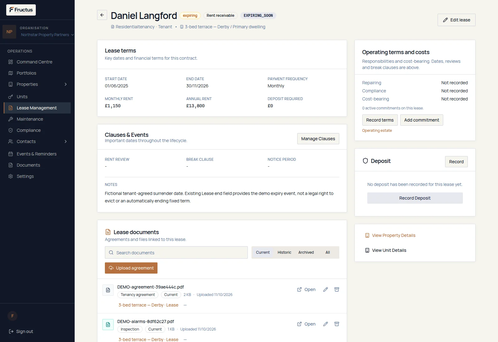 Fructus tenancy detail for fictional data showing the tenant, linked property and unit, start and end dates, monthly and annual rent, payment frequency, clauses and events, a deposit section with no deposit details entered, and linked documents