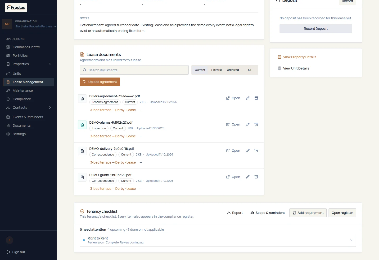 Fructus lease documents view showing uploaded agreements and supporting files with document status filters, a tenancy checklist and recorded compliance information