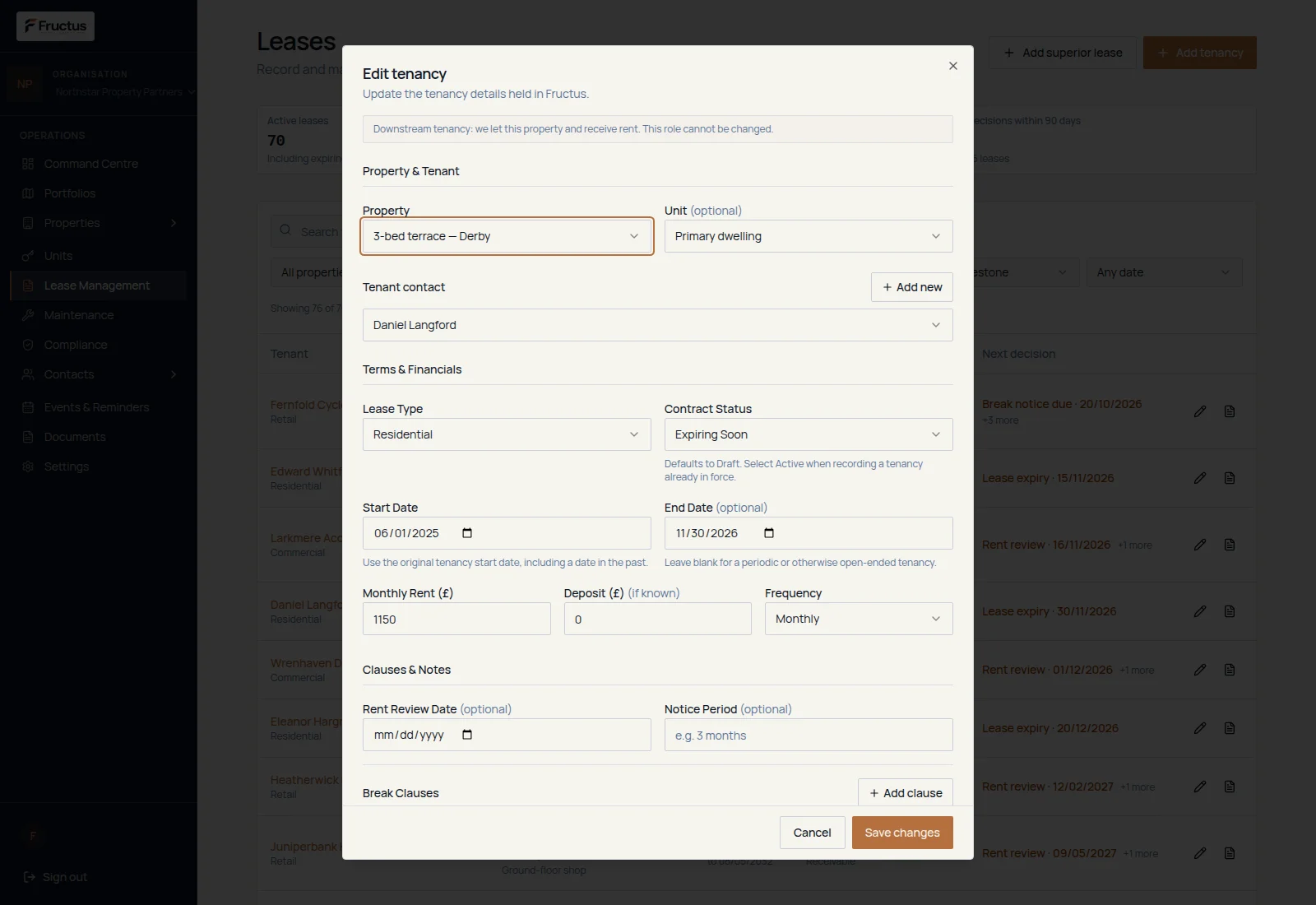 Fructus edit tenancy form showing property and unit selection, tenant contact, residential lease type, contract status, start and end dates, monthly rent, deposit and payment frequency fields