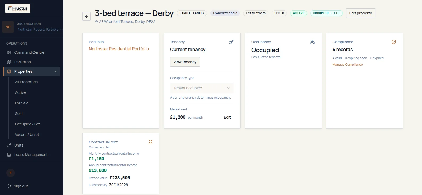 Fructus property record for a fictional Northstar property showing its current tenancy, occupancy, compliance summary, contractual rent and portfolio relationship