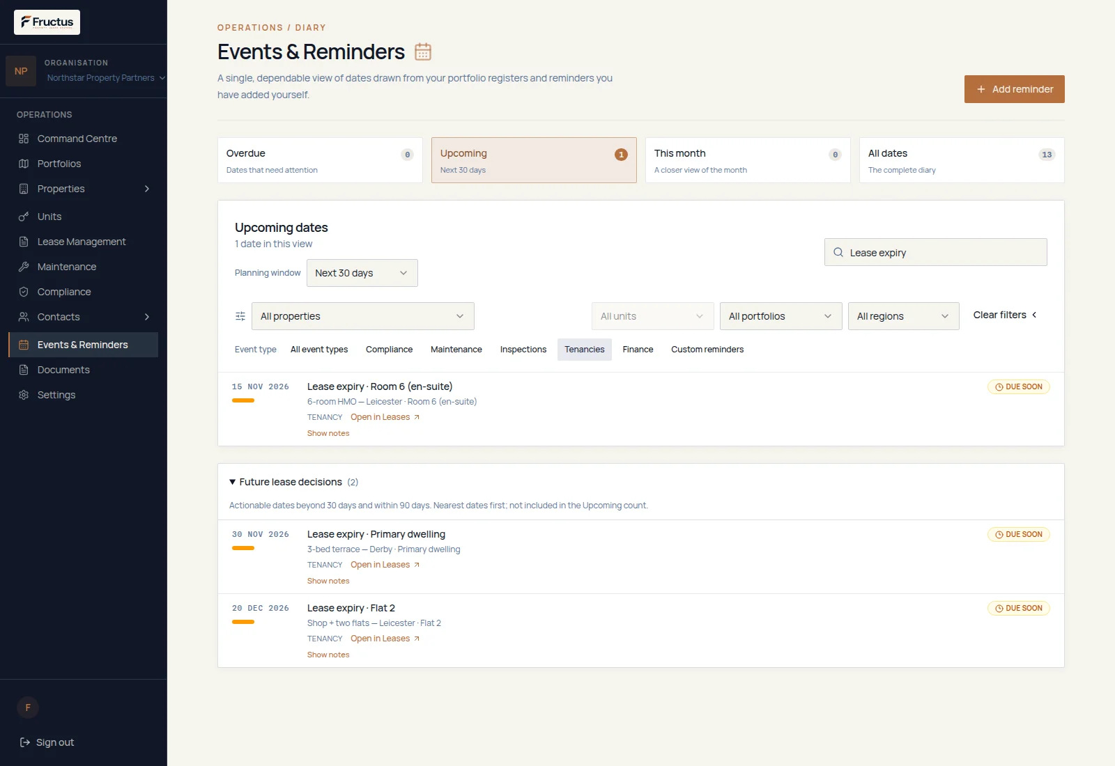 Fructus events and reminders view filtered to tenancy events, showing upcoming dates, lease expiry events and future lease decisions